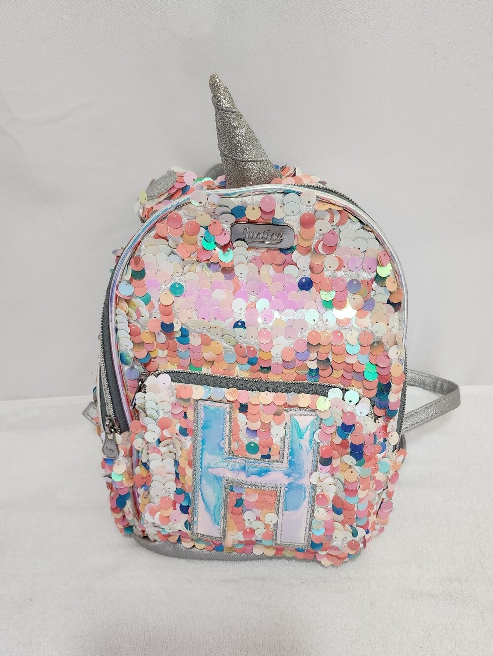 Justice Unicorn Sequin Backpack Personalized H Initial Girls Glitter Rainbow